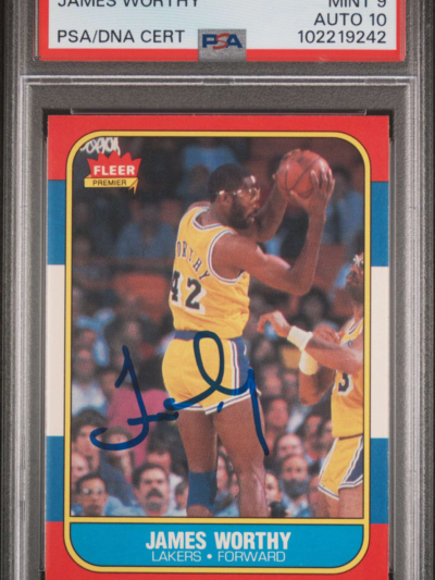 1986 FLEER #131 JAMES WORTHY RC LAKERS HOF PSA 9 DNA AUTO 10