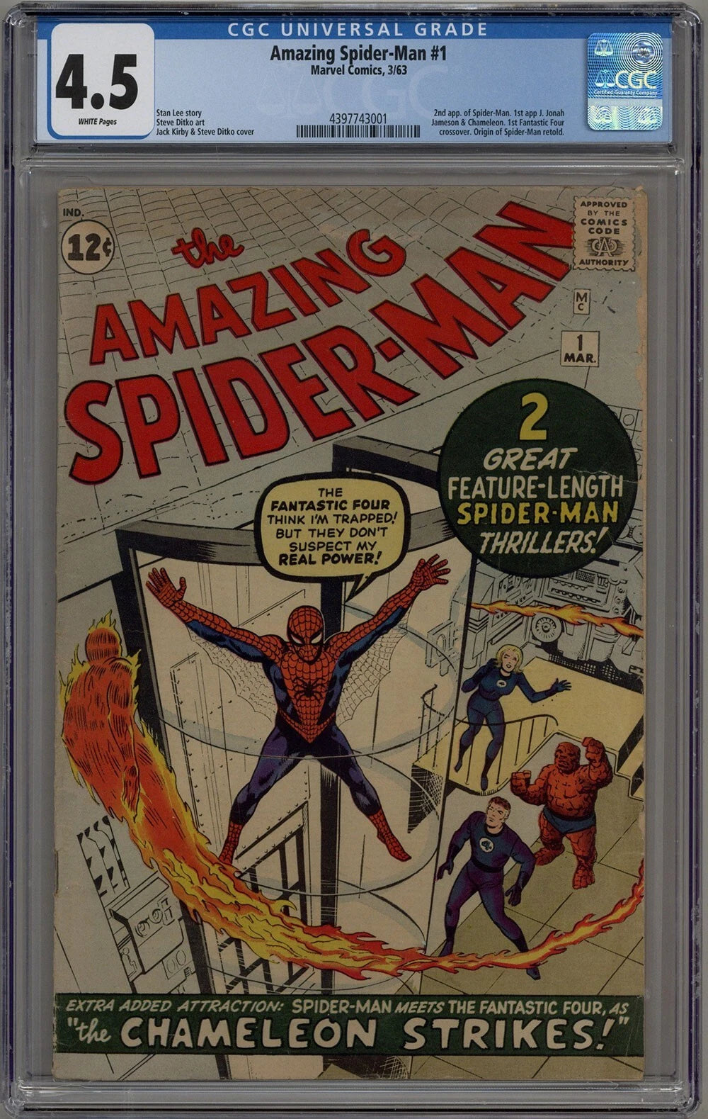 AMAZING SPIDER-MAN #1 CGC 4.5 WHITE PAGES MARVEL COMICS 1963