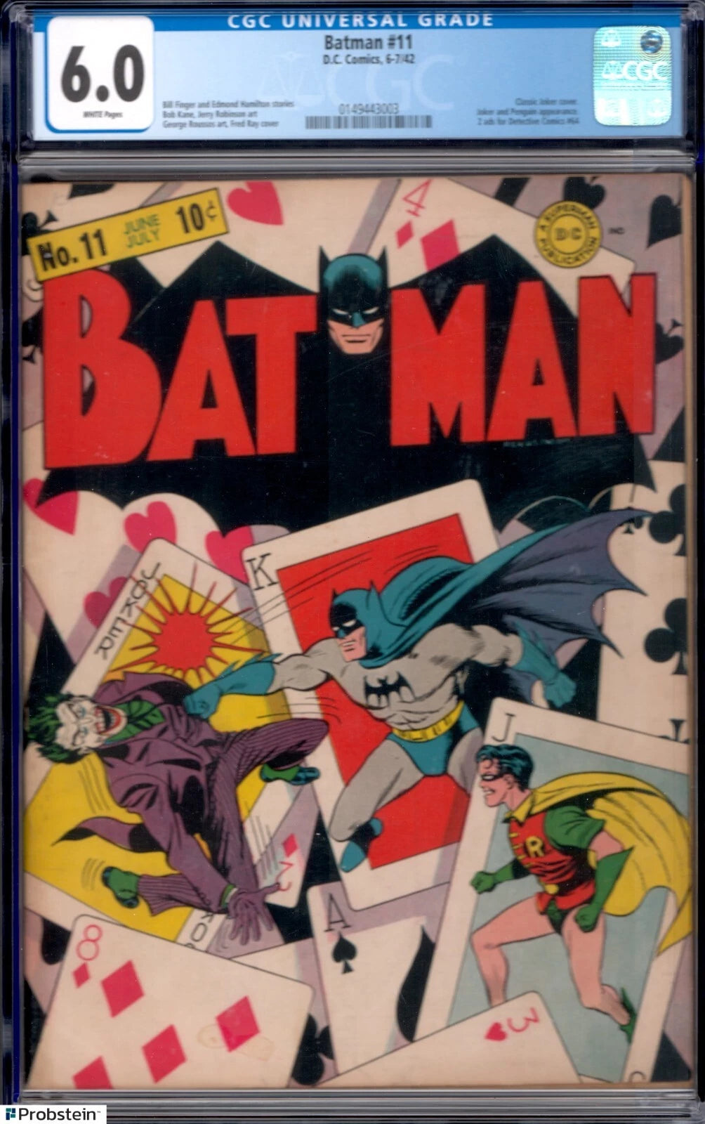 1942 DC Comics Batman #11 Classic Joker Cover CGC 6 WHITE PAGES