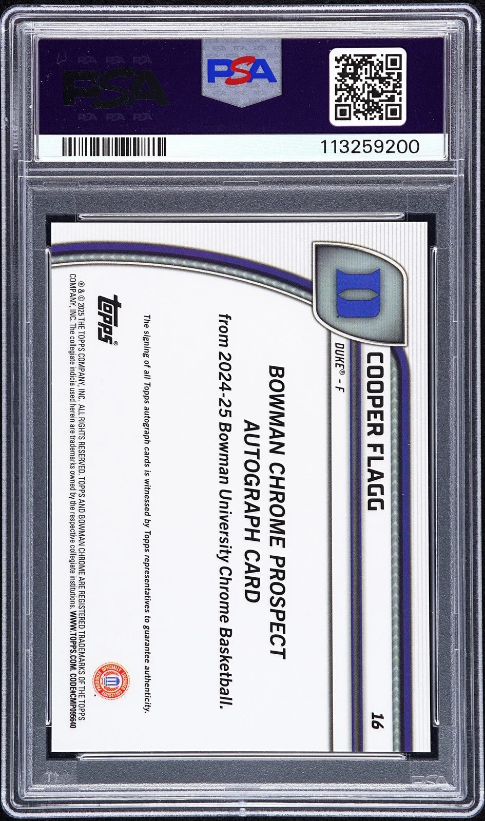 2024 Bowman Chrome U Cooper Flagg AUTO Red Refractor #2/5 PSA 9 w/INSCRIPTION - Image 2